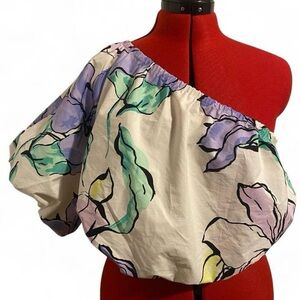 A New Day Women's XL Asymmetrical One Shoulder Balloon Sleeve Floral Crop Top